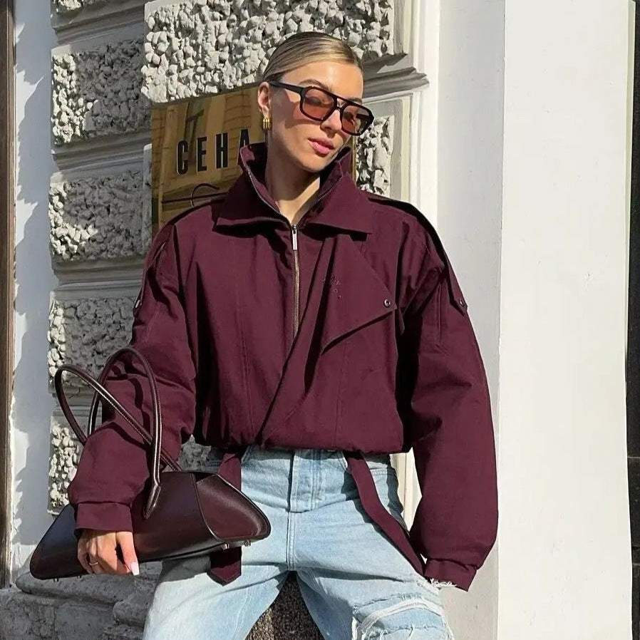 Damen sportliche Übergangsjacke mit modischem Kragen und elastischem Bund WW