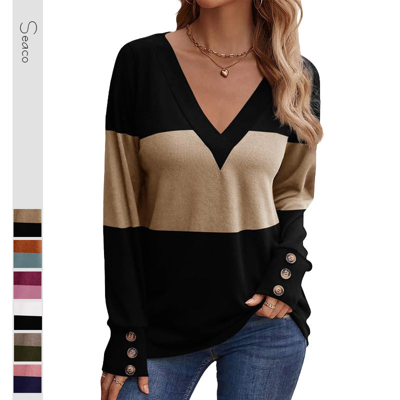 Damen V-Ausschnitt Langarmshirt mit modischem Blockstreifen-Design und Knopfdetails WW