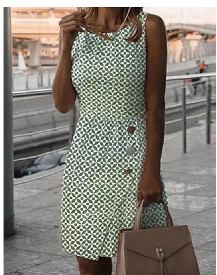 W&W Mode | Ärmelloses bedrucktes grünes Knopf-Casual-Kleid