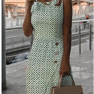 WW | Ärmelloses bedrucktes grünes Knopf-Casual-Kleid