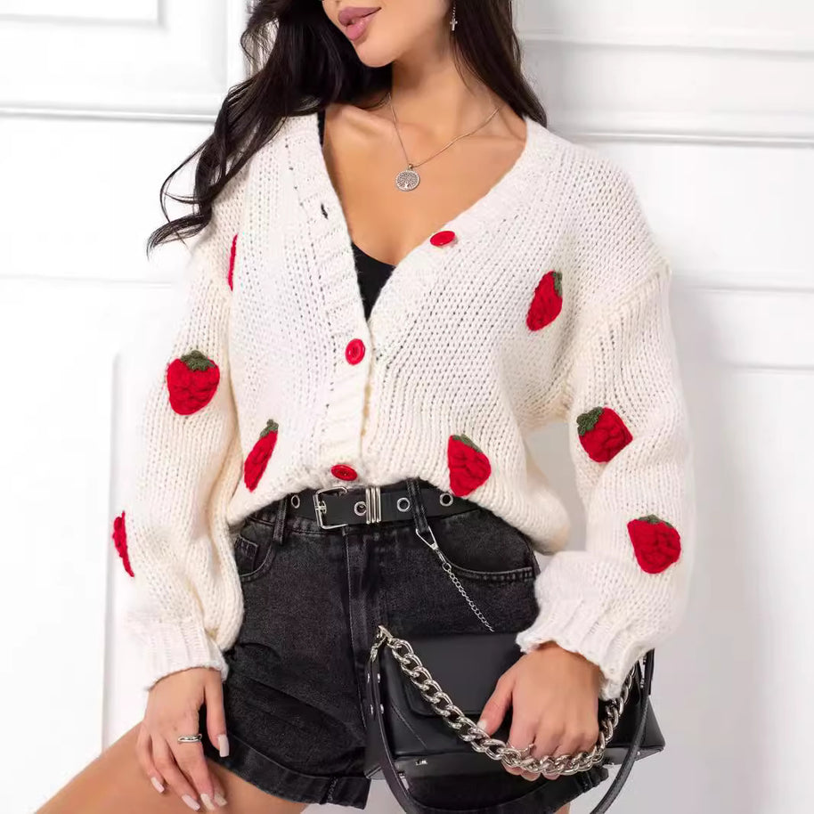 Damen Bestickter Erdbeer-Button-Up-Cardigan WW