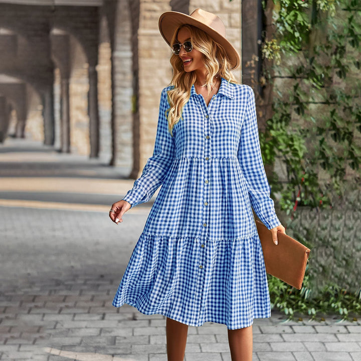 Damen karierte Midi-Bluse mit Knopfleiste und ausgestelltem Rock W&W Mode