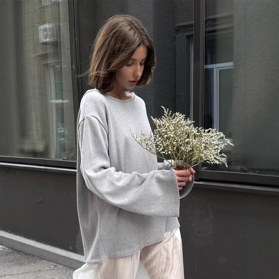 Damen Relaxed Fit Pullover mit tiefem Rundhalsausschnitt und weiten Ärmeln WW