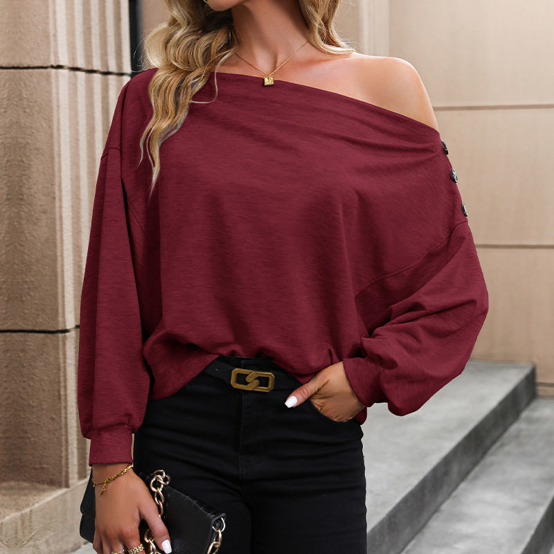 Damen lässiger One-Shoulder Pullover mit effektvollen Knopfdetails WW
