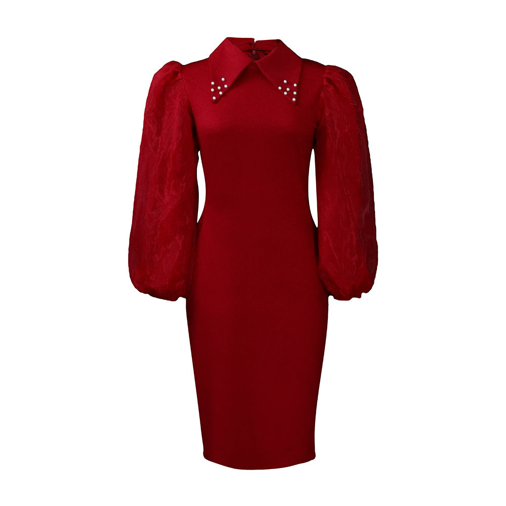 Damen Kleid mit eleganten Puffärmeln und glamourösen Kragen WW