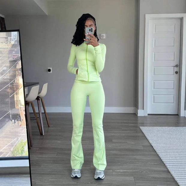 Damen Sportliches Freizeit-Loungewear-Set mit enganliegendem Langarmoberteil und hoher Taille WW