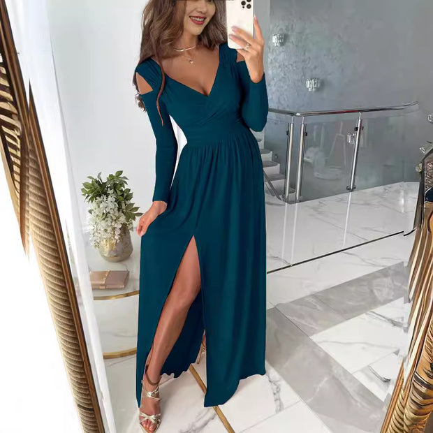 Damen elegantes Maxikleid mit tiefem V-Ausschnitt und seitlichem Schlitz