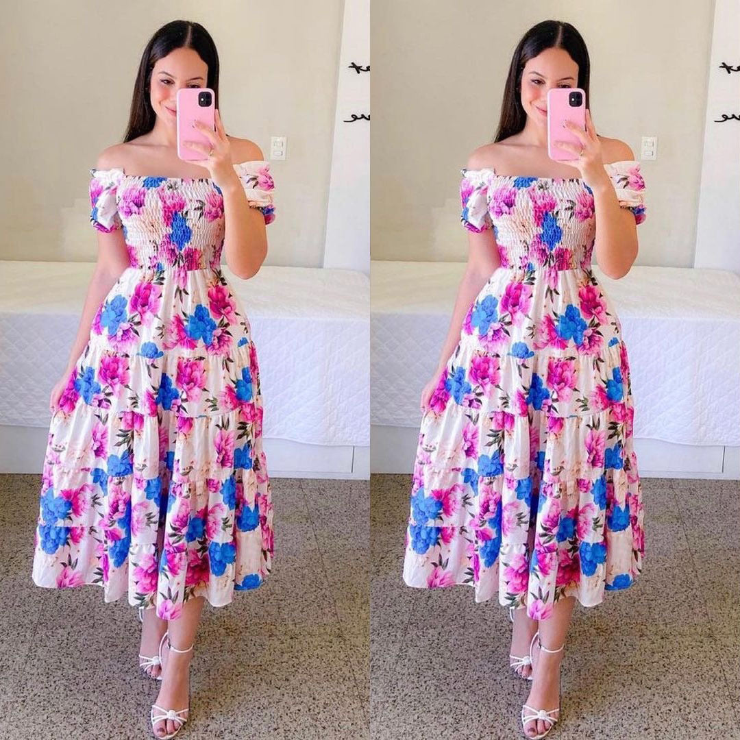 Damen Midi-Kleid mit schulterfreiem Design und verspieltem Schmetterlingsmuster W&W Mode