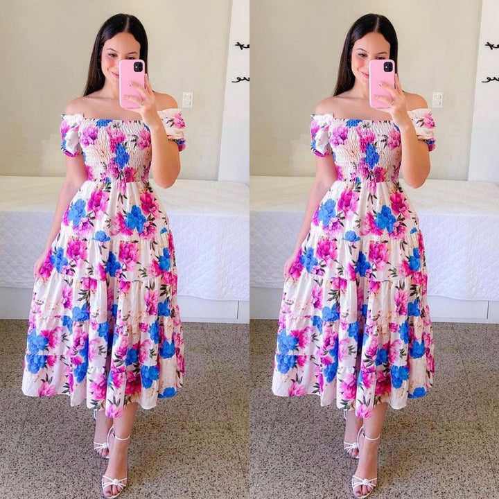 Damen Midi-Kleid mit schulterfreiem Design und verspieltem Schmetterlingsmuster W&W Mode
