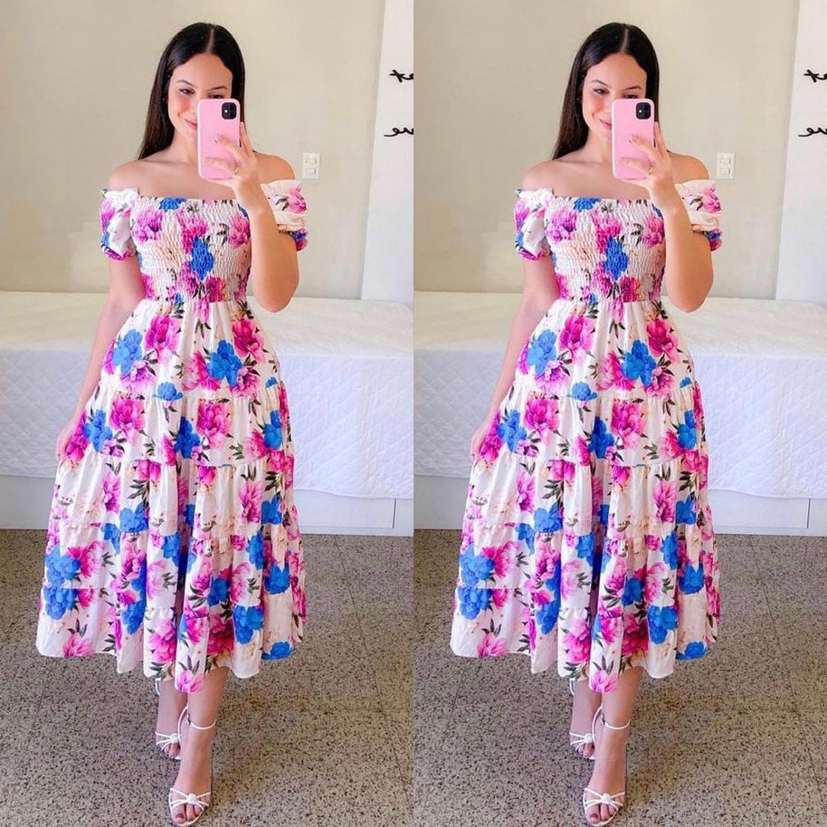 Damen Midi-Kleid mit schulterfreiem Design und verspieltem Schmetterlingsmuster WW