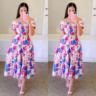 Damen Midi-Kleid mit schulterfreiem Design und verspieltem Schmetterlingsmuster WW