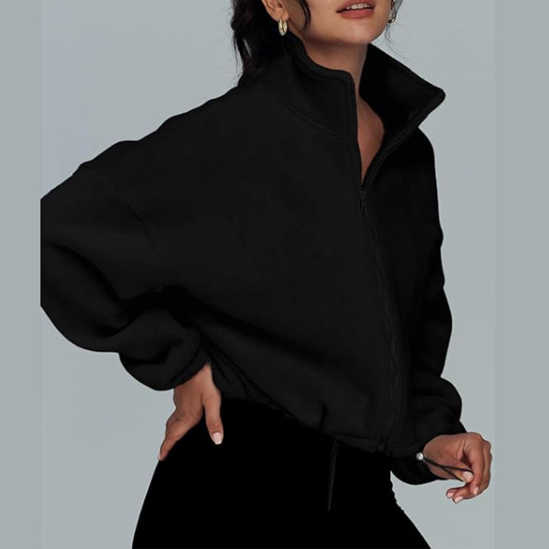 Damen modischer Oversized Pullover mit hohem Kragen und Reißverschluss WW
