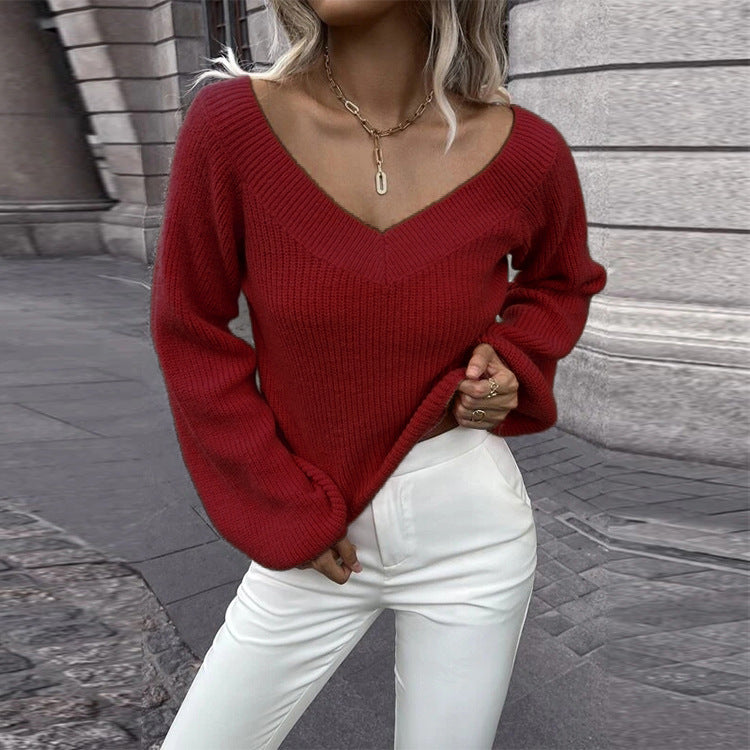 Damen Strickpullover mit V-Ausschnitt und weitem Ärmel WW
