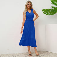 Damen Plissee Maxikleid mit taillierbarem Gürtel und elegantem V-Ausschnitt WW