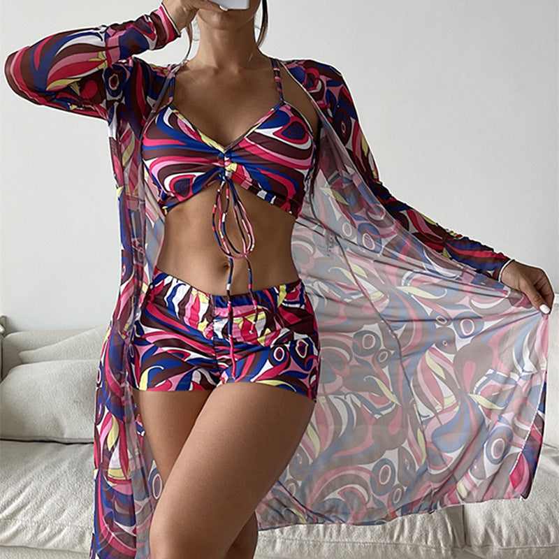 Damen Bikiniset mit schönem Bindeband und floralem Kimono WW