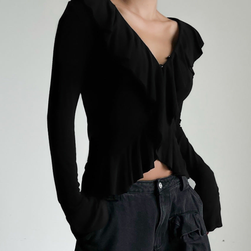 Damen Rüschenbluse mit verführerischem V-Ausschnitt und elastischem Saum WW