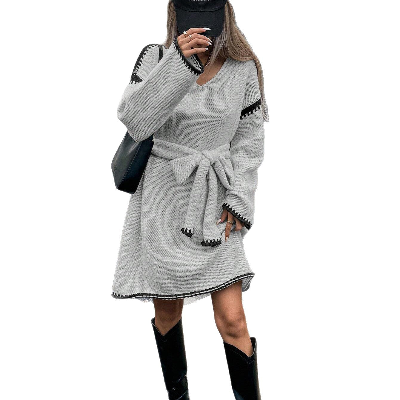 Damen Strickkleid mit Gürtel und V-Ausschnitt WW