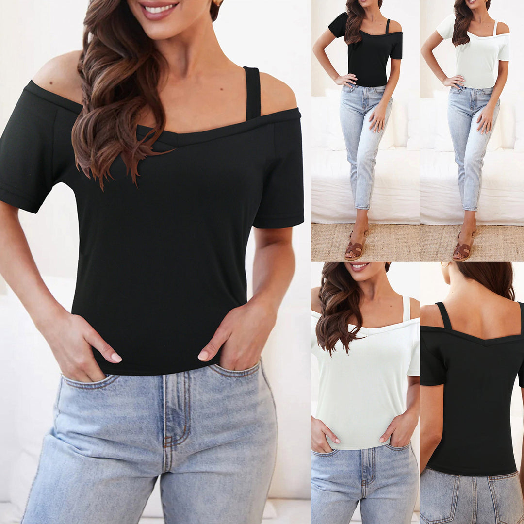 Damen Off-Shoulder Oberteil mit elastischen Trägern und V-Ausschnitt W&W Mode