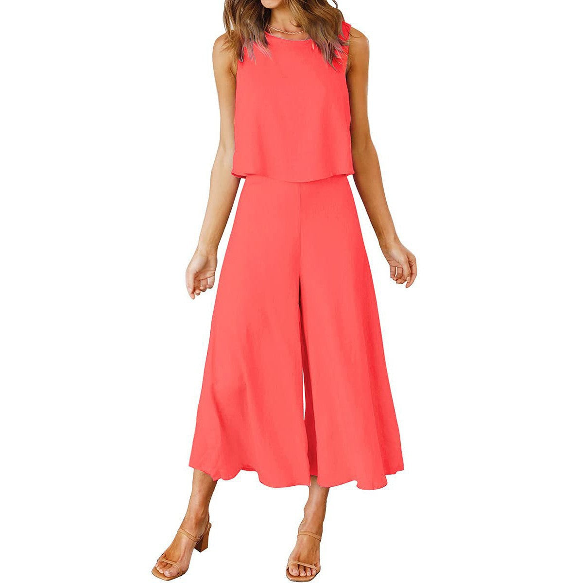 Damen Luftiger Jumpsuit mit schwingendem Bein und ärmellosem Design WW