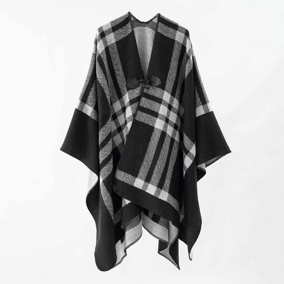 Damen Luxuriöser Geometrischer Poncho aus weichem Material mit dezenter Knopfverzierung WW