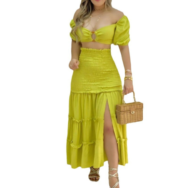 Damen Zweiteiler mit schulterfreiem Crop-Top und schwingendem Rock W&W Mode