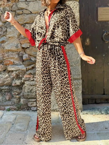 Damen elegante und bequeme Leinen-Jumpsuit mit Leopardenmuster und Kontraststreifen WW