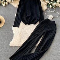 Damen Strickanzug mit Zopfmuster und weiten Beinen WW