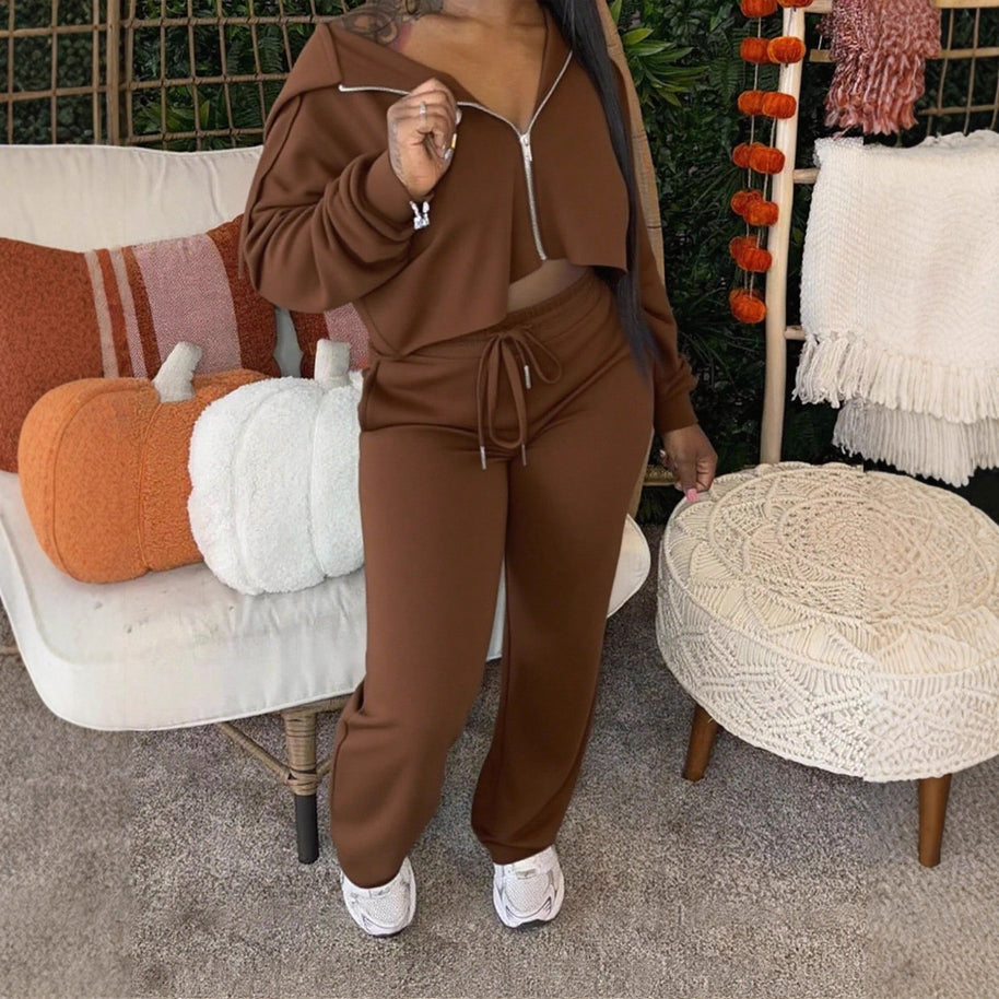 Damen sportliches Set mit cropped Oberteil und weiten Hosen WW