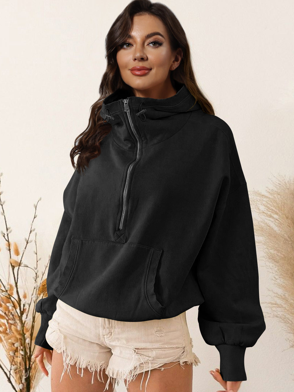 Damen sportlicher Kapuzenpullover mit halbem Reißverschluss und funktionalen Taschen WW
