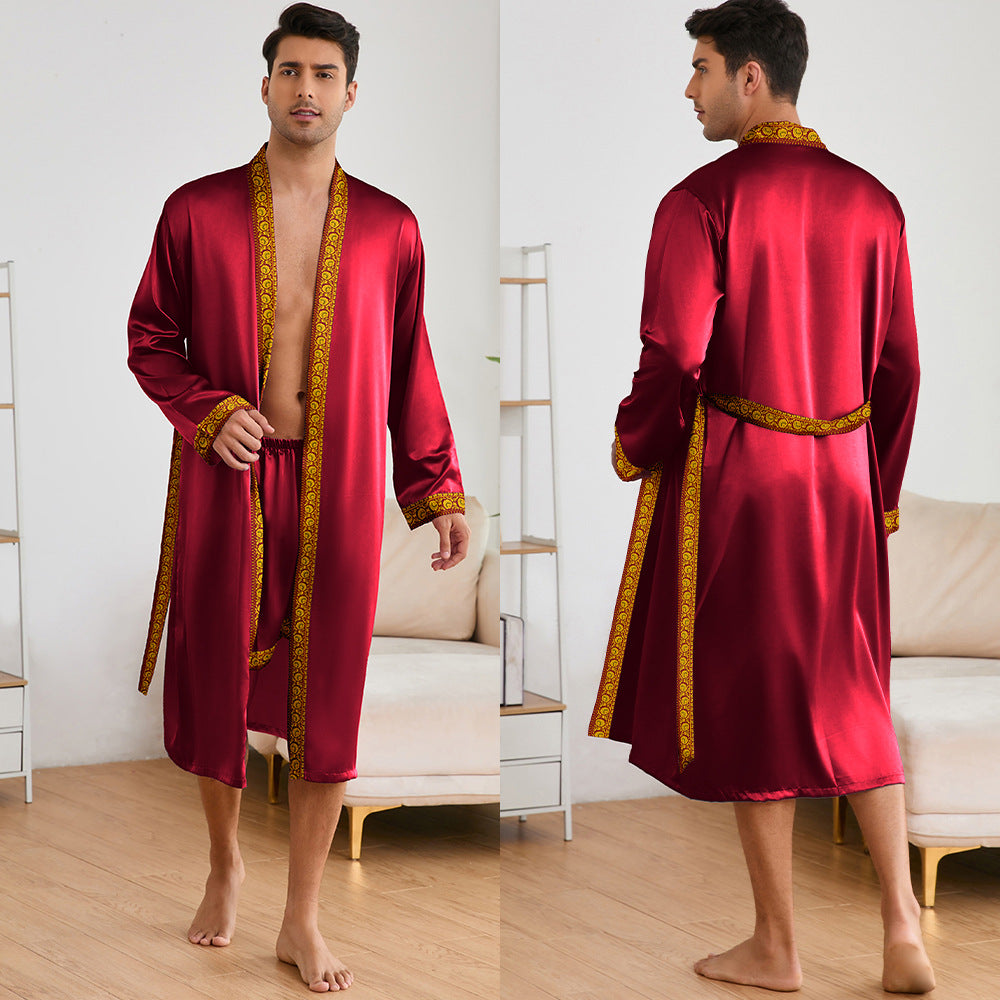 Herren Satin Morgenmantel mit stilvollem Schalkragen und seitlichen Taschen WW