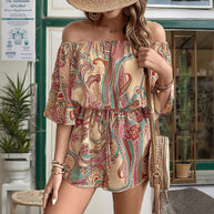 Damen Off-Shoulder Playsuit mit verspieltem Paisley-Muster und elastischem Taillenzug WW