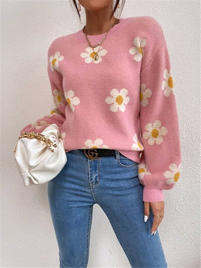 Damen Strickpullover mit verspieltem Blumenmuster und eleganten Puffärmeln WW