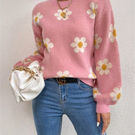 Damen Strickpullover mit verspieltem Blumenmuster und eleganten Puffärmeln WW