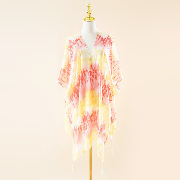Damen Chiffon Kaftan mit elegantem tie-dye Muster und Fransen WW