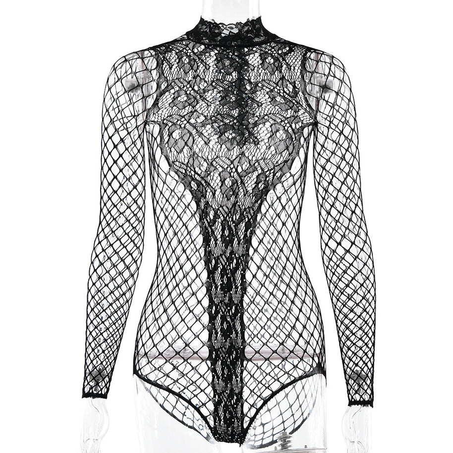Damen erotischer Spitzenbody mit raffiniertem Netzdesign W&W