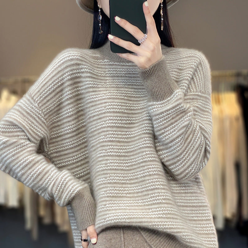 Damen Strickpullover mit modernem Streifenmuster und bequemen Daumenlöchern WW