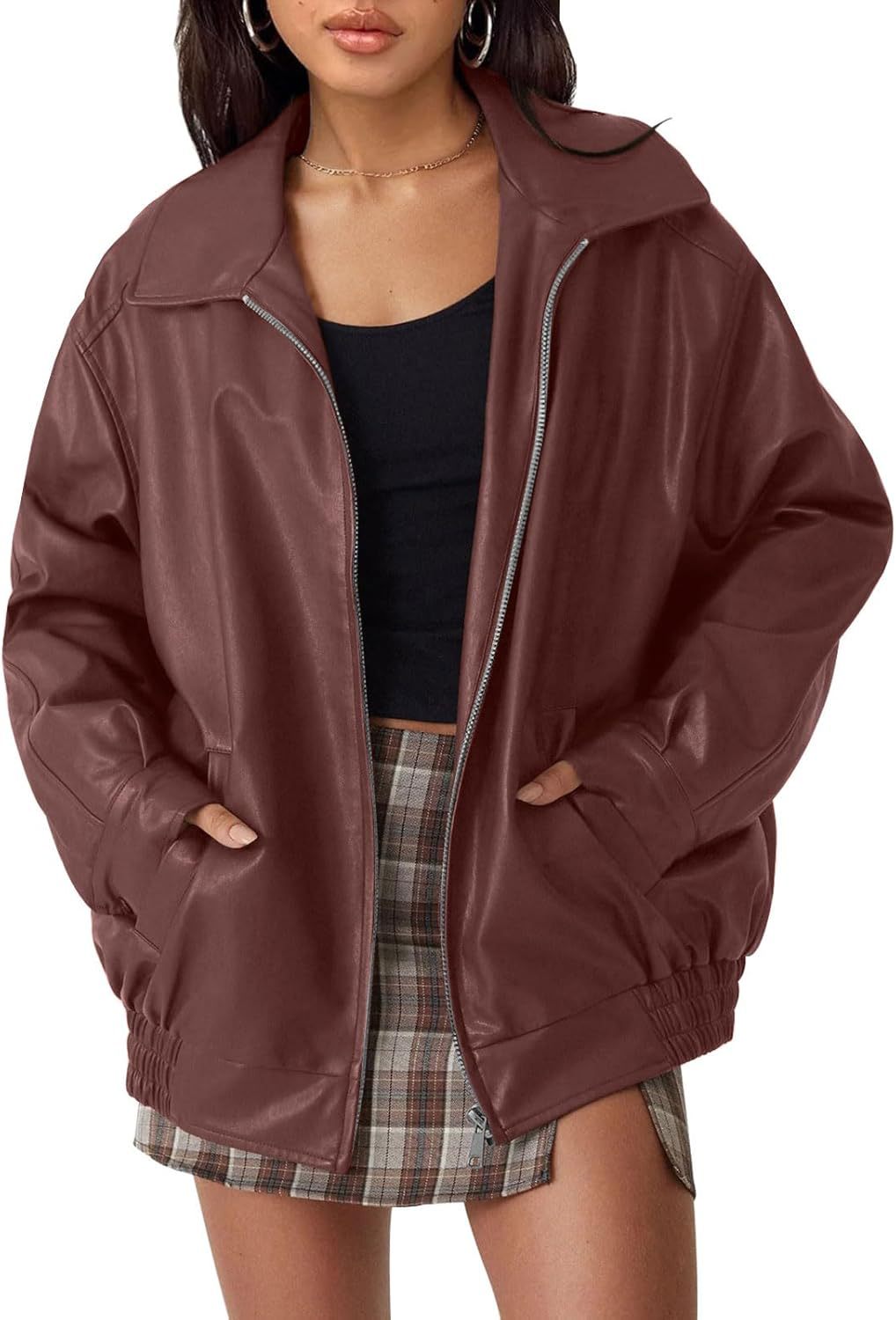 Damen lässige Kunstlederjacke mit weitem Schnitt und praktischen Taschen W&W Mode