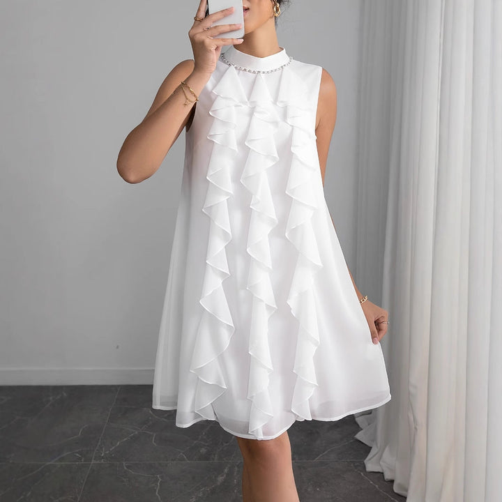 Damen Chiffon Kleid mit voluminösen Rüschendetails und elegantem Stehkragen W&W Mode