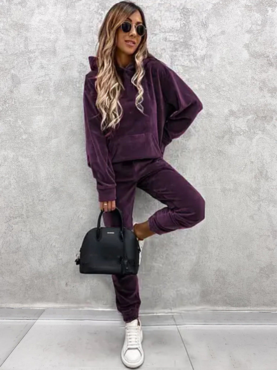 Damen sportliches Velours-Loungewear-Set mit Kapuze und elastischem Bund WW