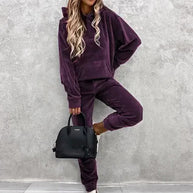 Damen sportliches Velours-Loungewear-Set mit Kapuze und elastischem Bund WW