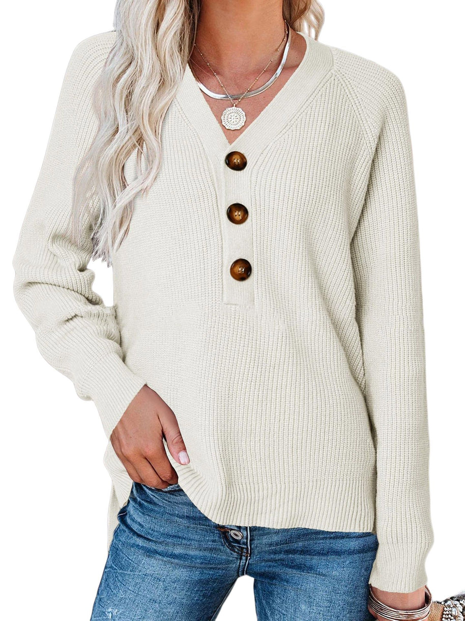 Damen Kaschmir Pullover mit V-Ausschnitt und großen Holzknöpfen WW