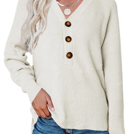 Damen Kaschmir Pullover mit V-Ausschnitt und großen Holzknöpfen WW