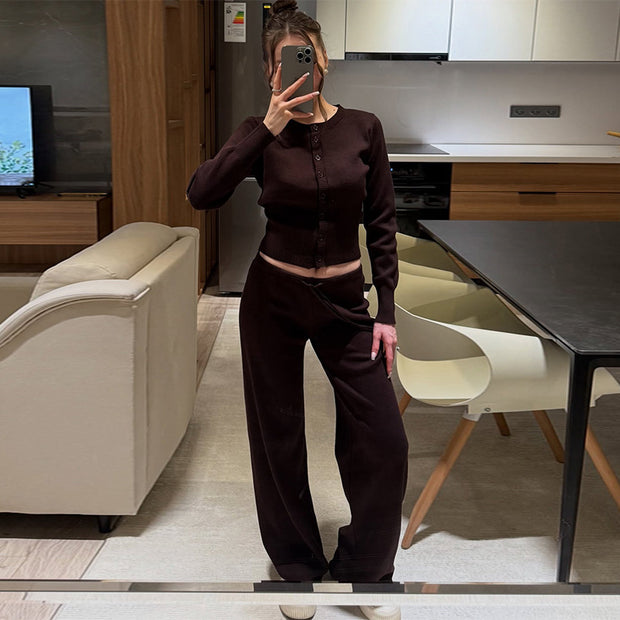 Damen Bequemes Strick-Loungewear-Set mit Knopfleiste WW