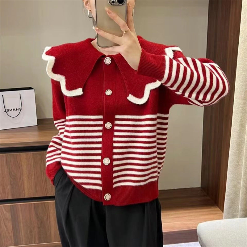 Damen Strickjacke mit großem Rüschenkragen und kontrastierenden Streifen WW