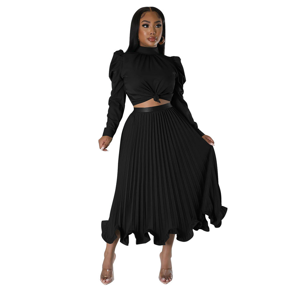 Damen elegantes Plissee-Kleid mit hochgeschlossenem Kragen und Volants WW