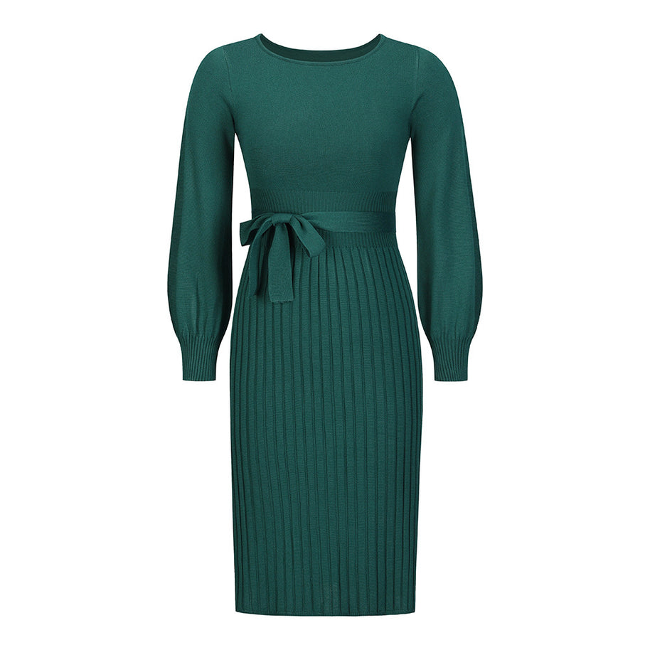 Damen Strickkleid mit taillierbarem Gürtel und langen Ärmeln WW