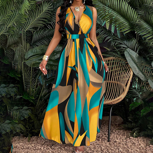 Damen Elegantes Maxikleid mit modernem, farbenprächtigen Design und tiefem V-Ausschnitt WW