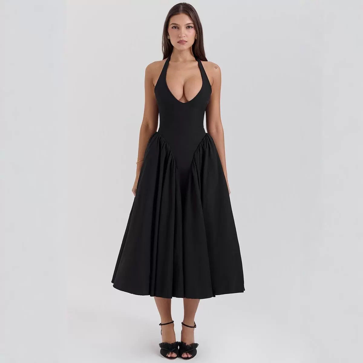 Damen A-linien Midi-Kleid mit tiefem V-Ausschnitt und verspieltem Rückenausschnitt WW
