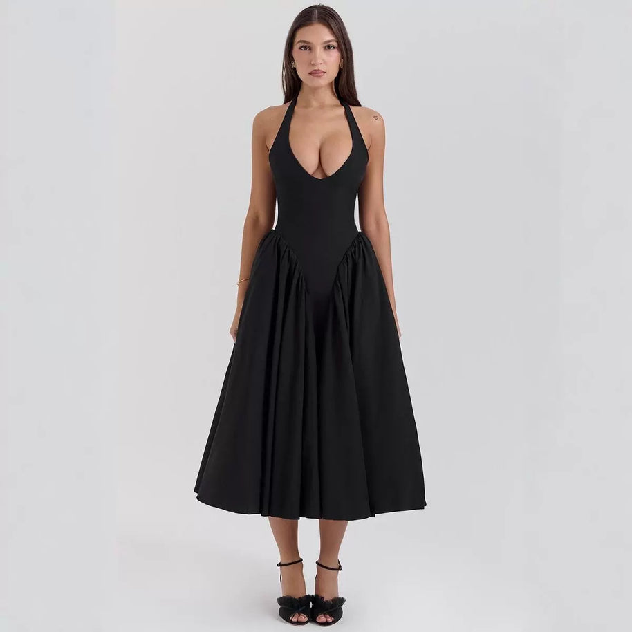 Damen A-linien Midi-Kleid mit tiefem V-Ausschnitt und verspieltem Rückenausschnitt WW