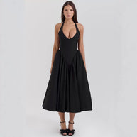 Damen A-linien Midi-Kleid mit tiefem V-Ausschnitt und verspieltem Rückenausschnitt WW
